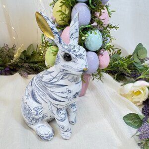 Floral Bunny Easter Decor Decoupage Style Figurines Resin 8" Blue New Statue